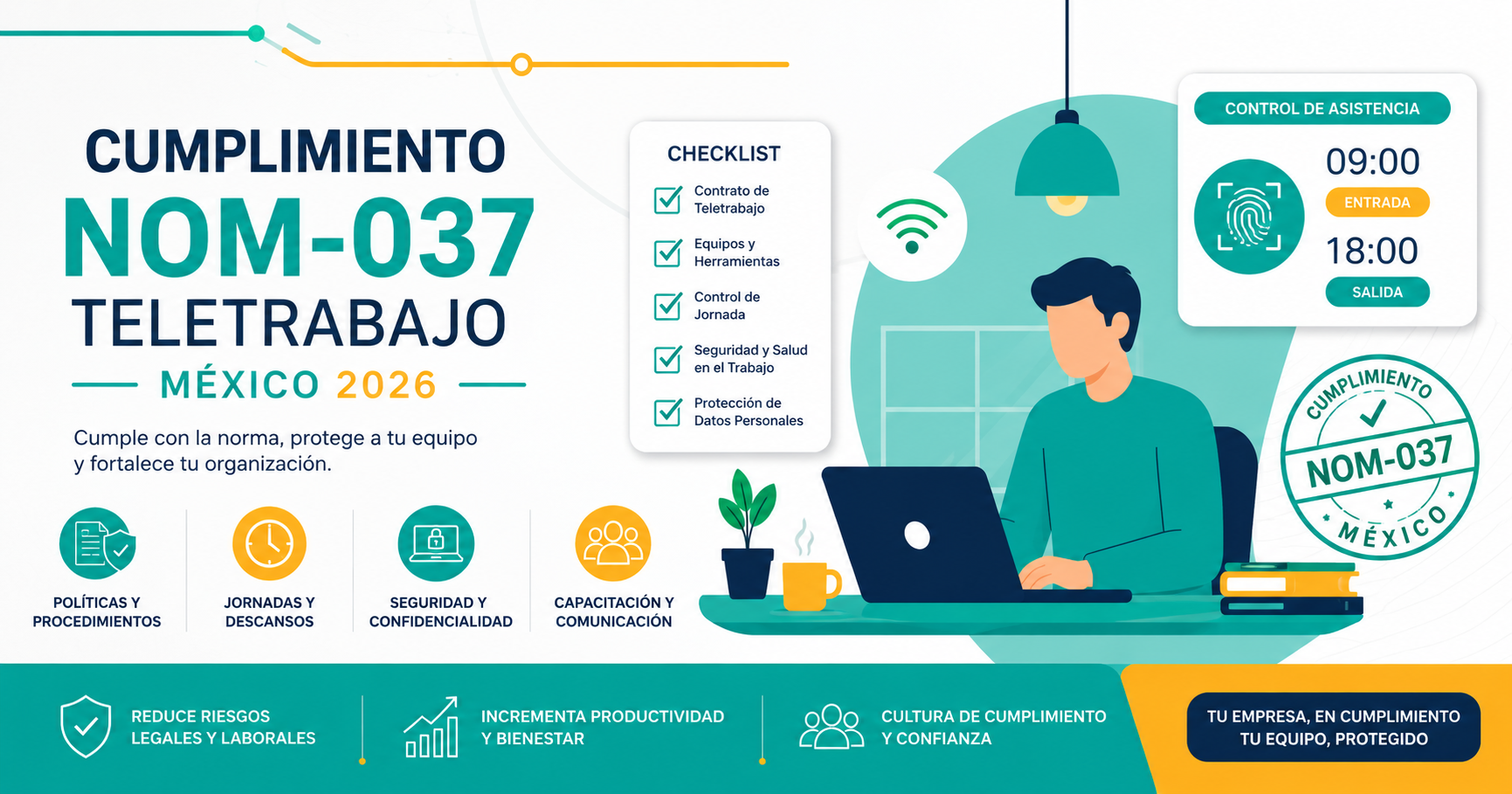 Guía completa NOM-037-STPS-2022 teletrabajo México 2026 mostrando obligaciones del patrón, multas STPS y checklist de cumplimiento laboral