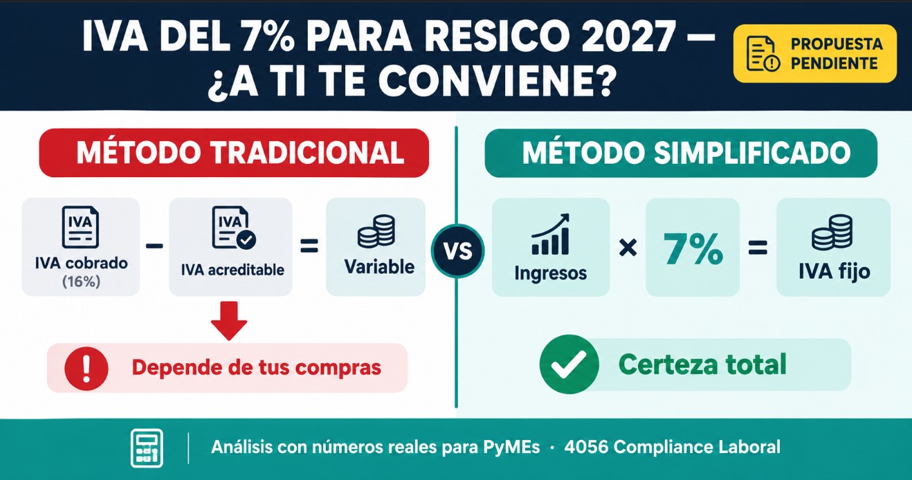 Comparativa de IVA tradicional versus IVA simplificado del 7% RESICO para PyMEs México 2027